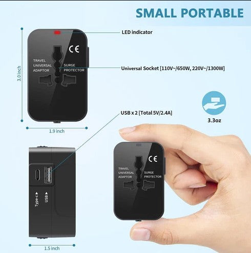 Universal All-in-one Travel Socket Adapter, 3.5 x 2 x 2 inches